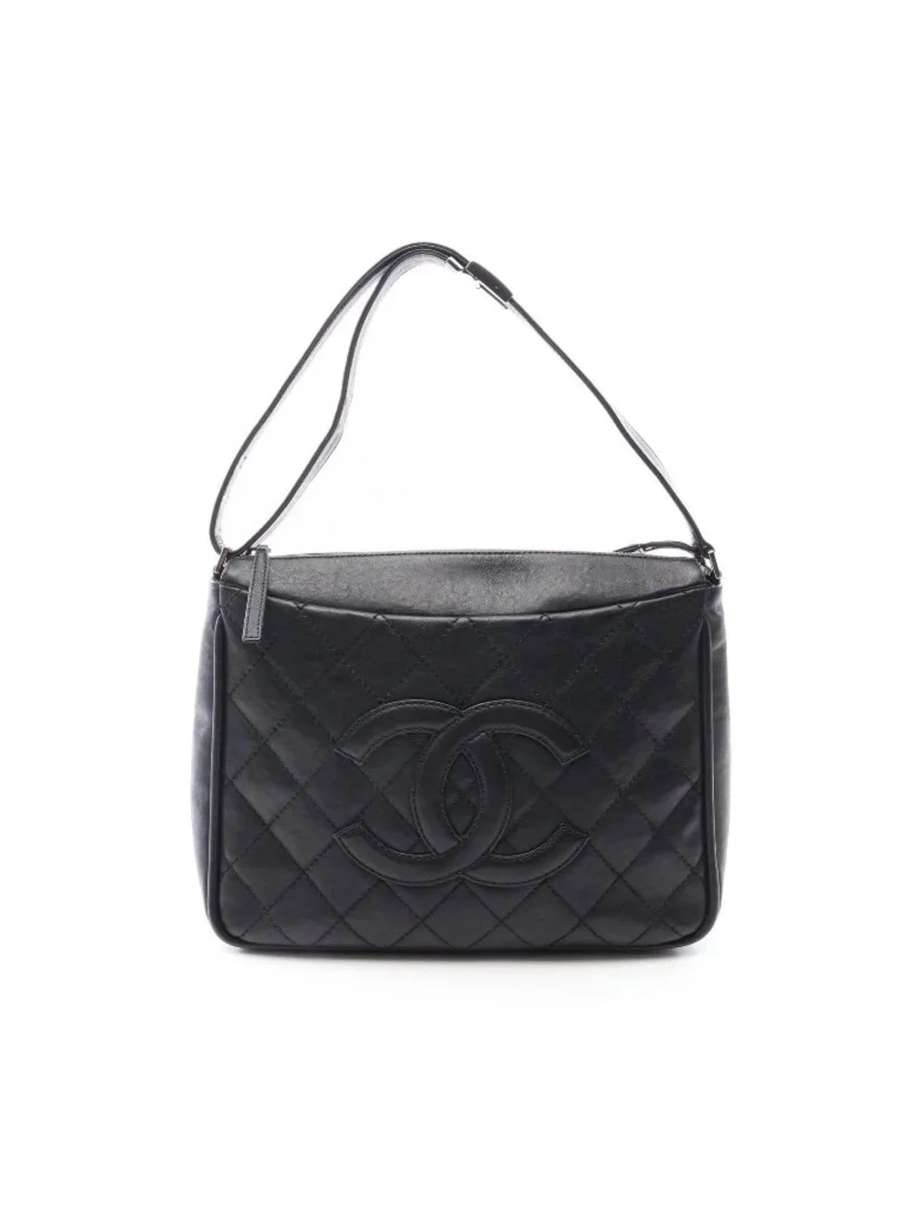 Chanel Shoulder Bag Wild Stitch Big CC Logo Black Leather Quilted CC